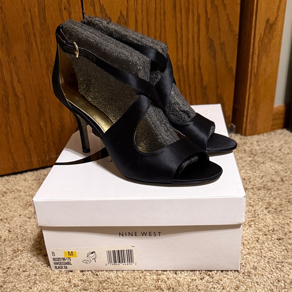 Nine West Black Satin Ankle Strap Heels